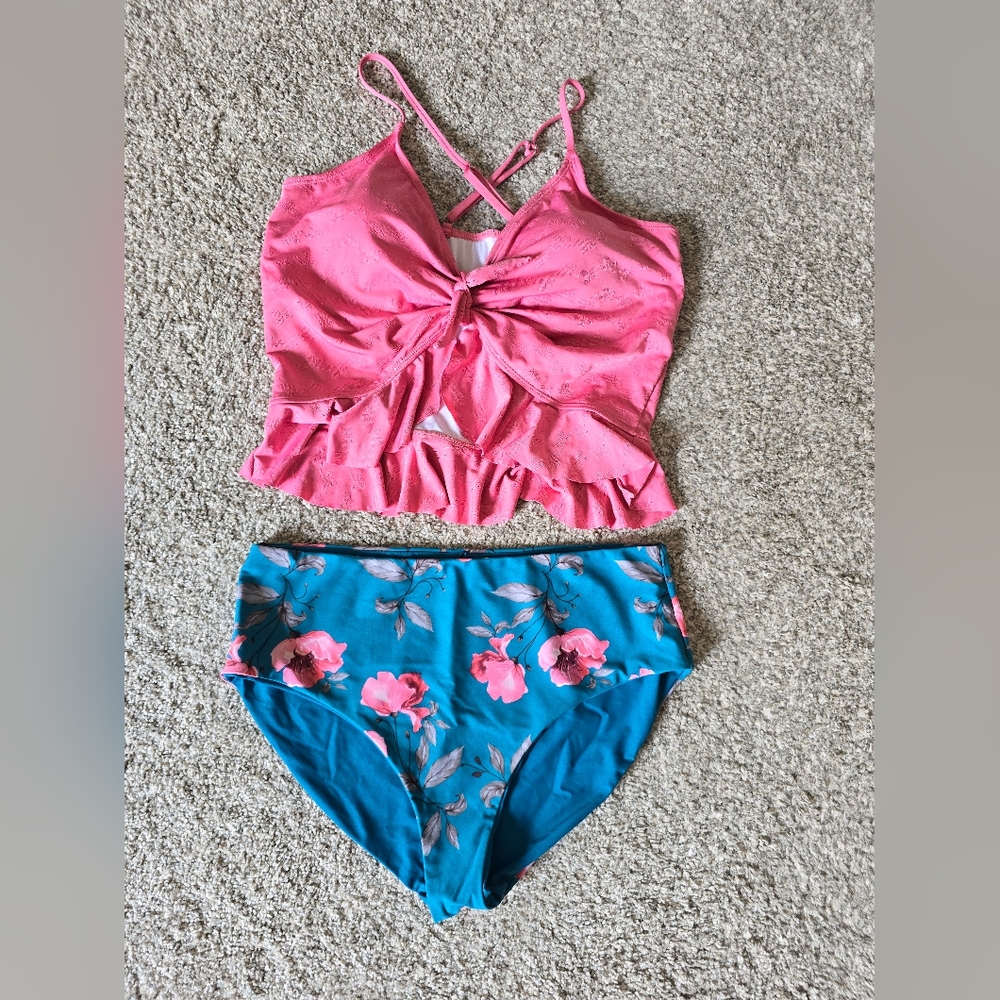 Pink + Blue Floral Two Piece Swim Suit Bikini - Coral Reef Swim